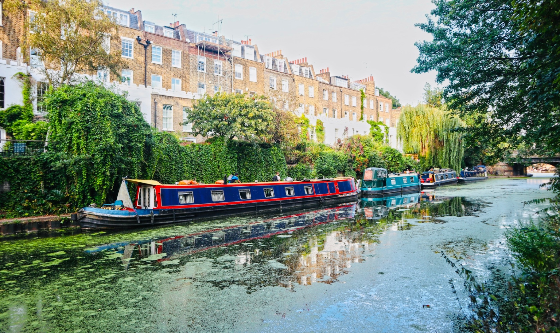 Colourful narrowboats on the Islington canal